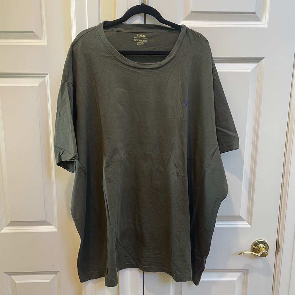 Polo By Ralph Lauren Men’s Olive Green Crew Neck T-Shirt With Purple Pony Logo